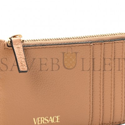 VERSACE GRAINED CALFSKIN LA MEDUSA ZIP CARD CASE BROWN  (13*8*1cm)