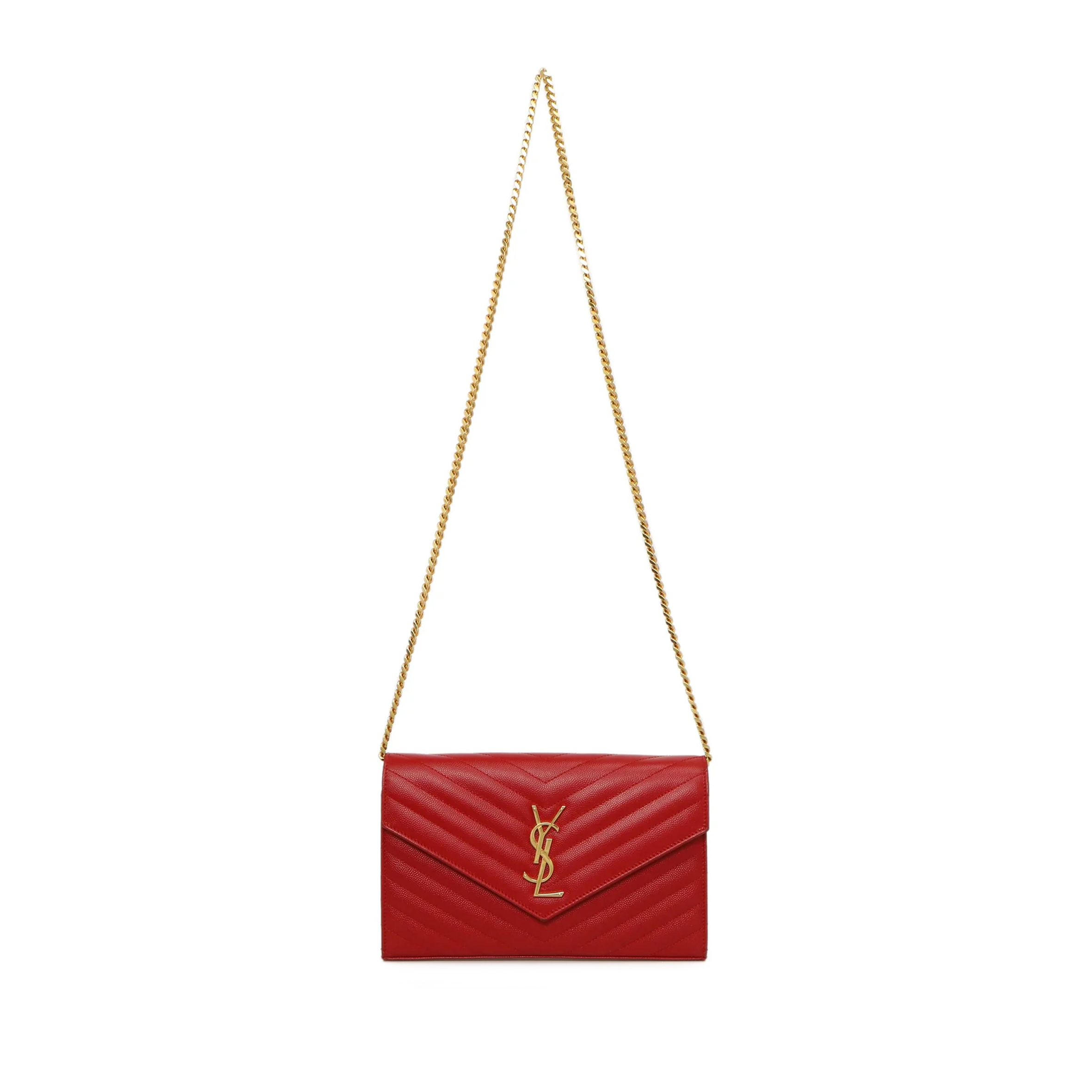 YSL CASSANDRE MATELASSÉ CHAIN WALLET IN GRAIN DE POUDRE EMBOSSED LEATHER 377828955120 (22.5*14*4cm)
