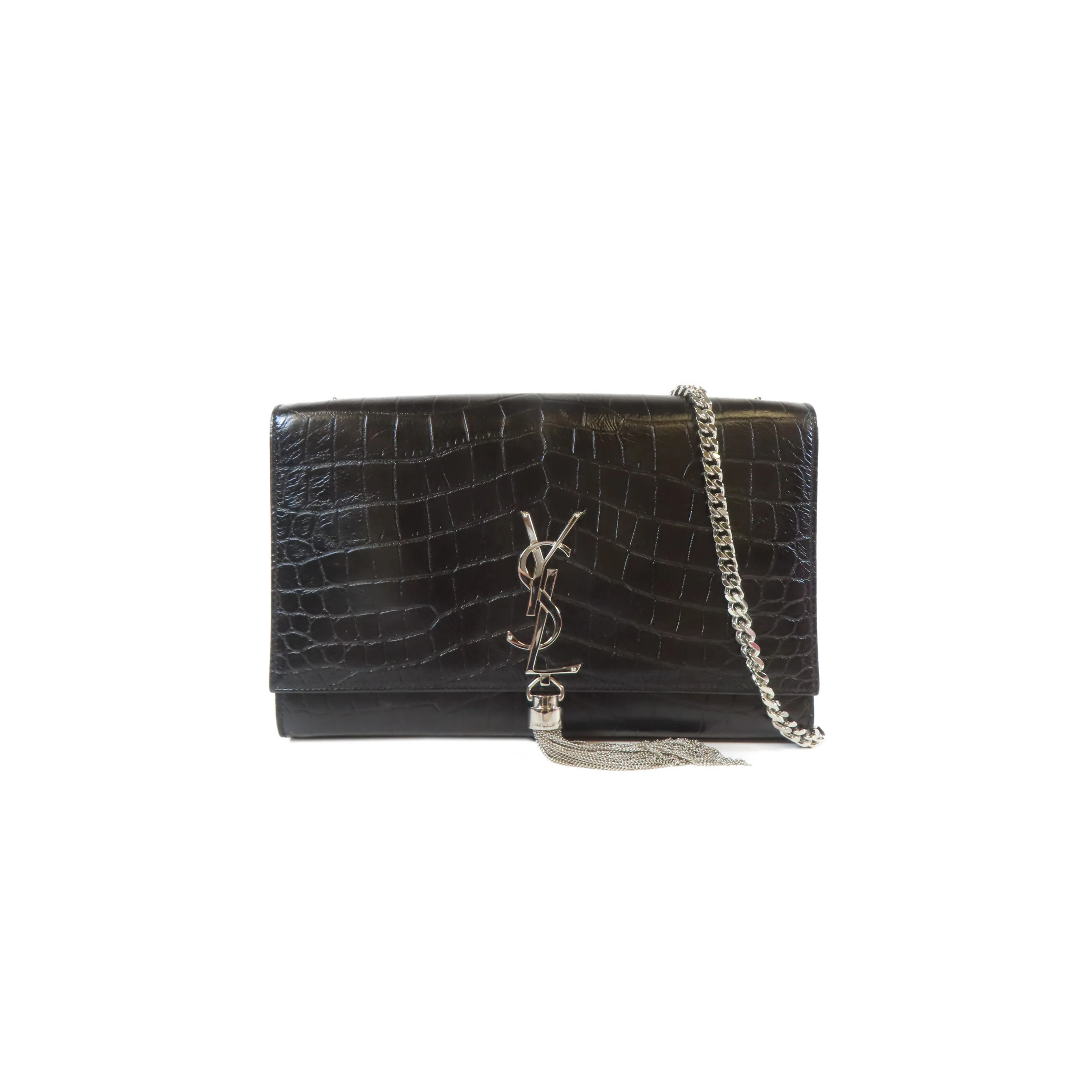 YSL KATE SMALL CHAIN BAG WITH TASSEL IN CROCODILE-EMBOSSED LEATHER 452159600354 (20*12.5*5cm)