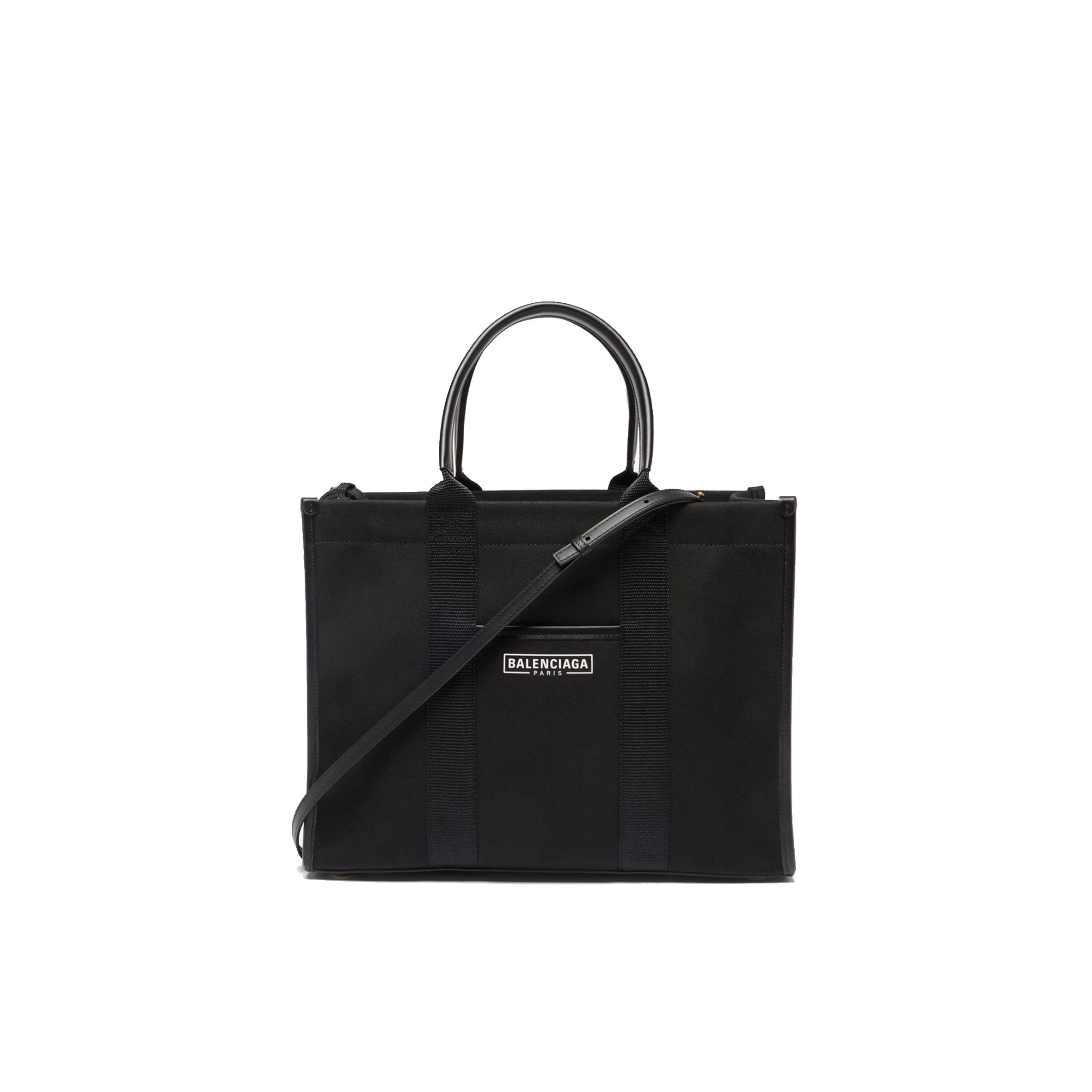 BALENCIAGA BLACK NEO NAVY M LEATHER-TRIMMED CANVAS TOTE BAG  MATCHESFASHION US (34.5*25.9*12.9cm)