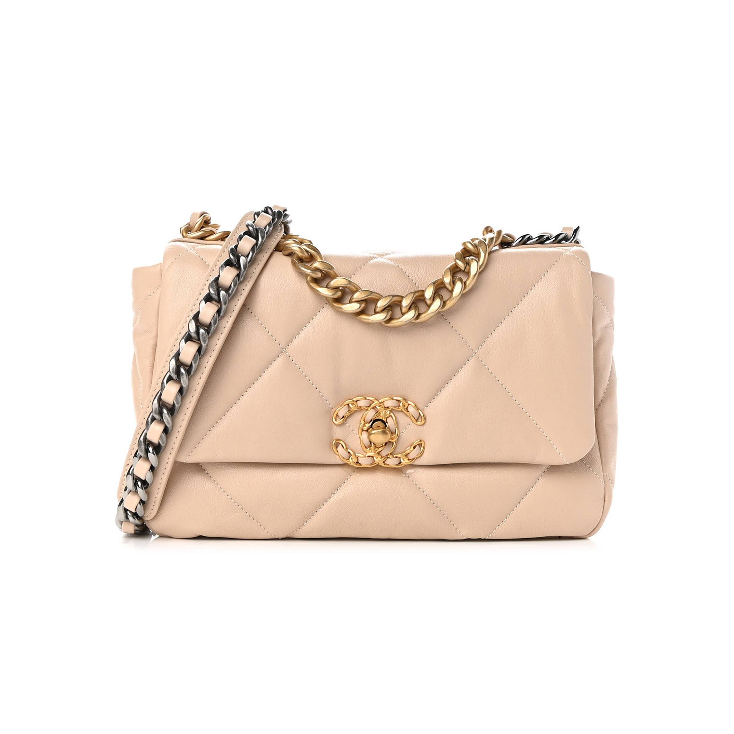 CHANEL GOATSKIN QUILTED MEDIUM CHANEL 19 FLAP LIGHT BEIGE GOLD HARDWARE (25*15*8cm)