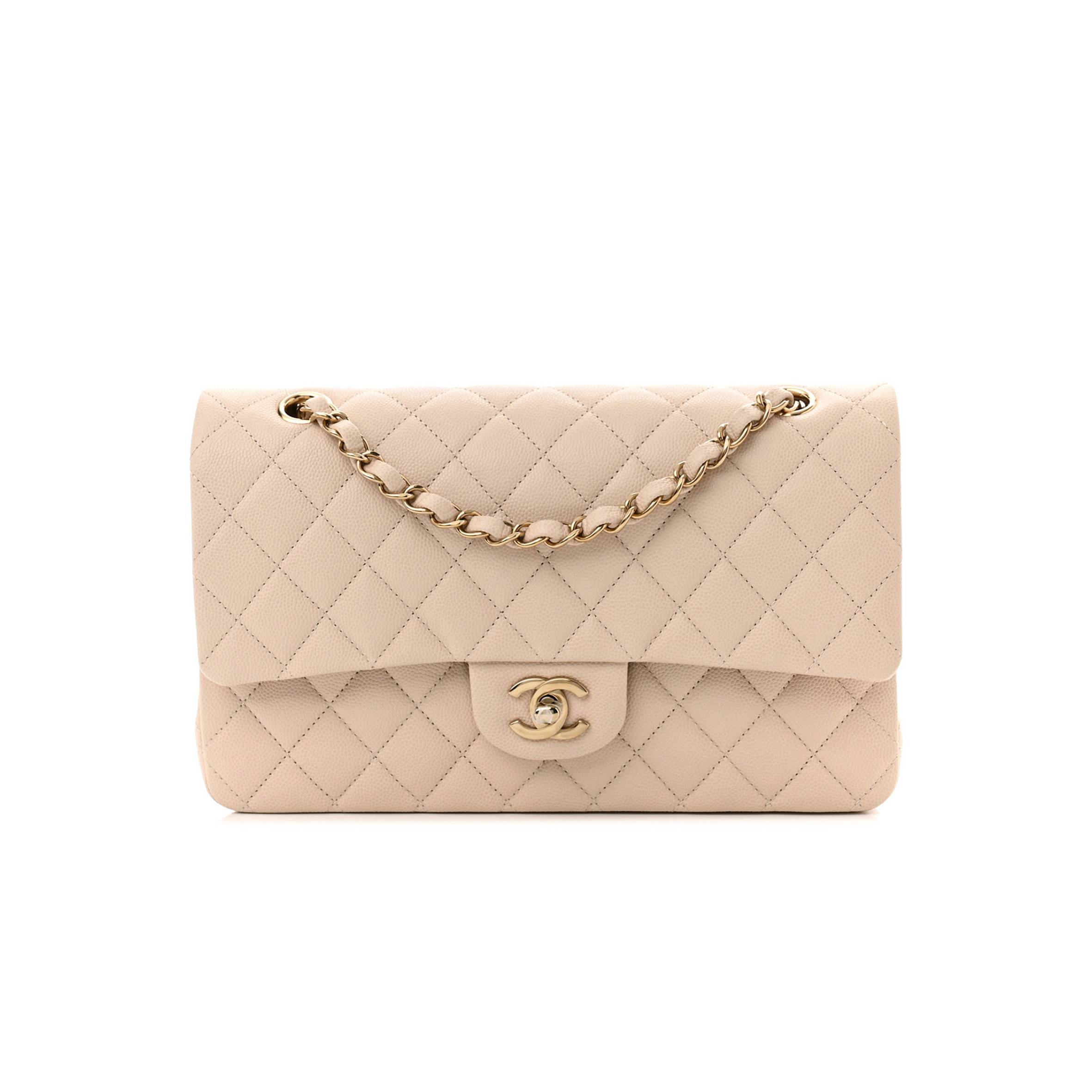 CHANEL CAVIAR QUILTED MEDIUM DOUBLE FLAP LIGHT BEIGE GOLD HARDWARE (25*15*6cm)