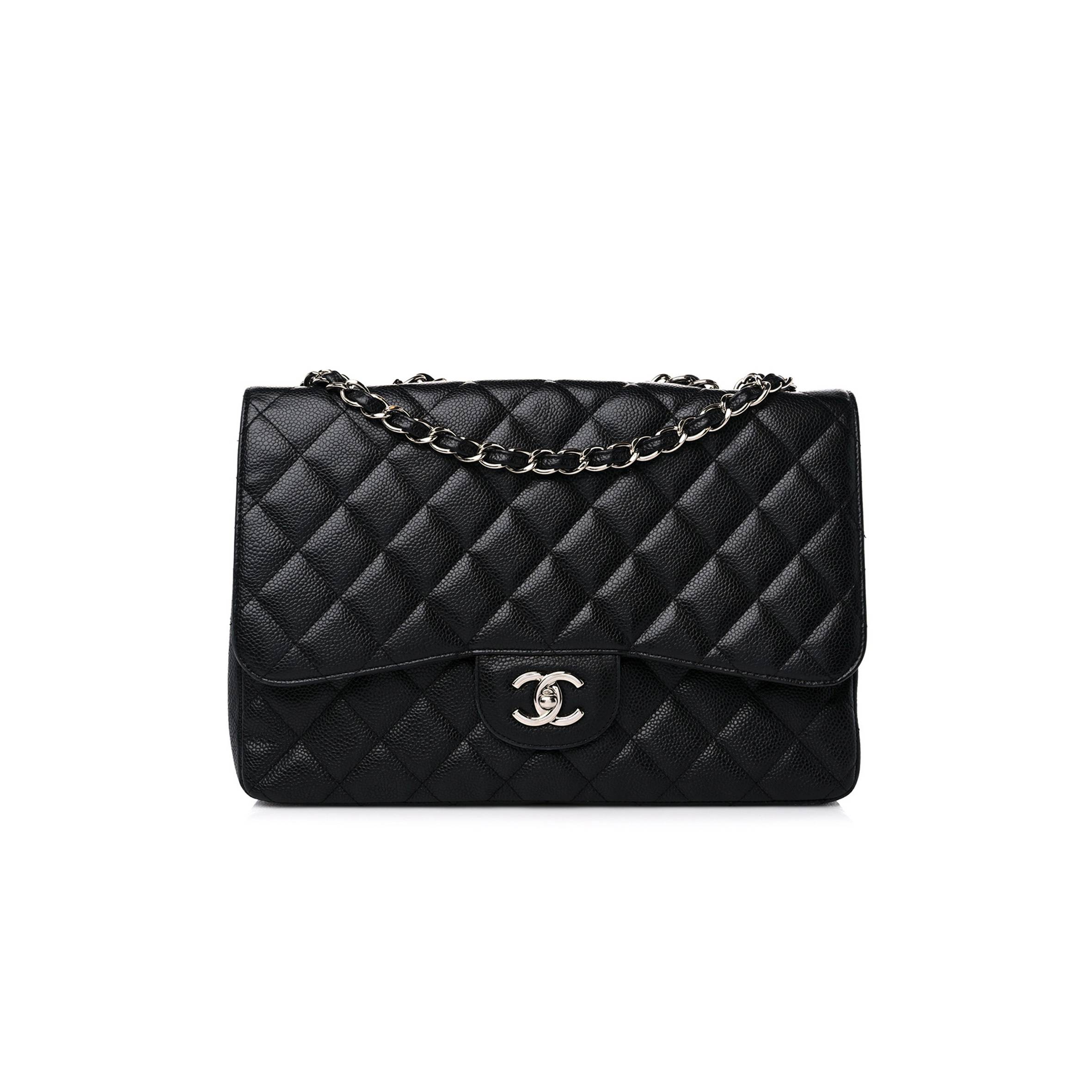 CHANEL CAVIAR QUILTED JUMBO SINGLE FLAP BLACK SILVER HARDWARE (30*20*8cm)