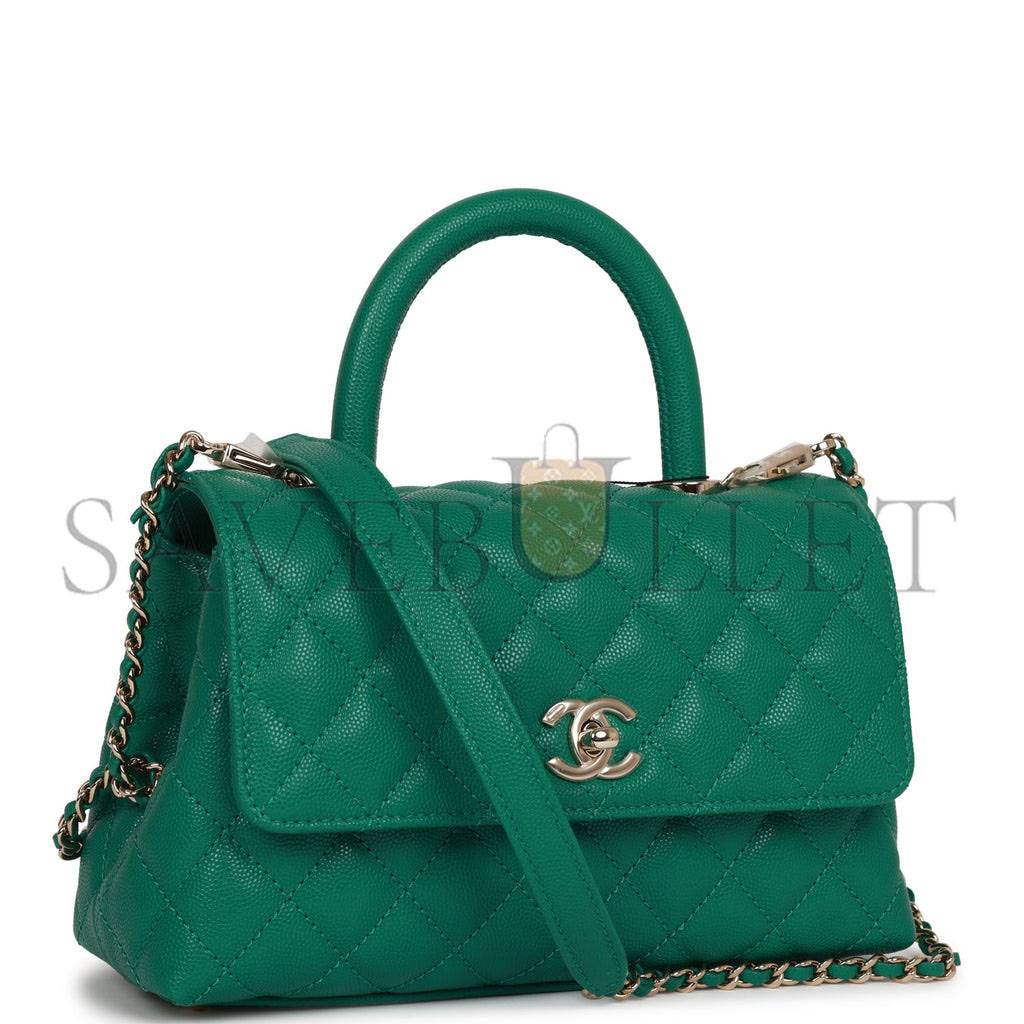 CHANEL SMALL COCO HANDLE FLAP BAG GREEN CAVIAR LIGHT GOLD HARDWARE (23*15*10cm)