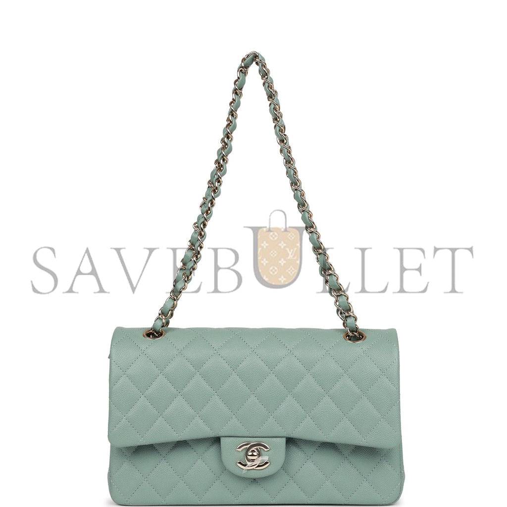 CHANEL MEDIUM CLASSIC DOUBLE FLAP BAG GREEN CAVIAR LIGHT GOLD HARDWARE (25*15*7cm)