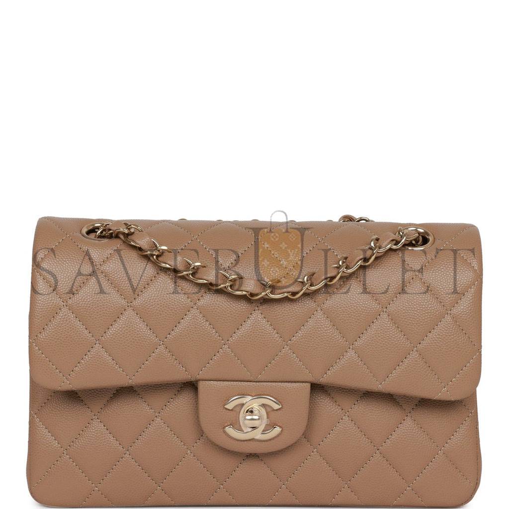 CHANEL SMALL CLASSIC DOUBLE FLAP DARK BEIGE CAVIAR LIGHT GOLD HARDWARE (23*13*6cm)