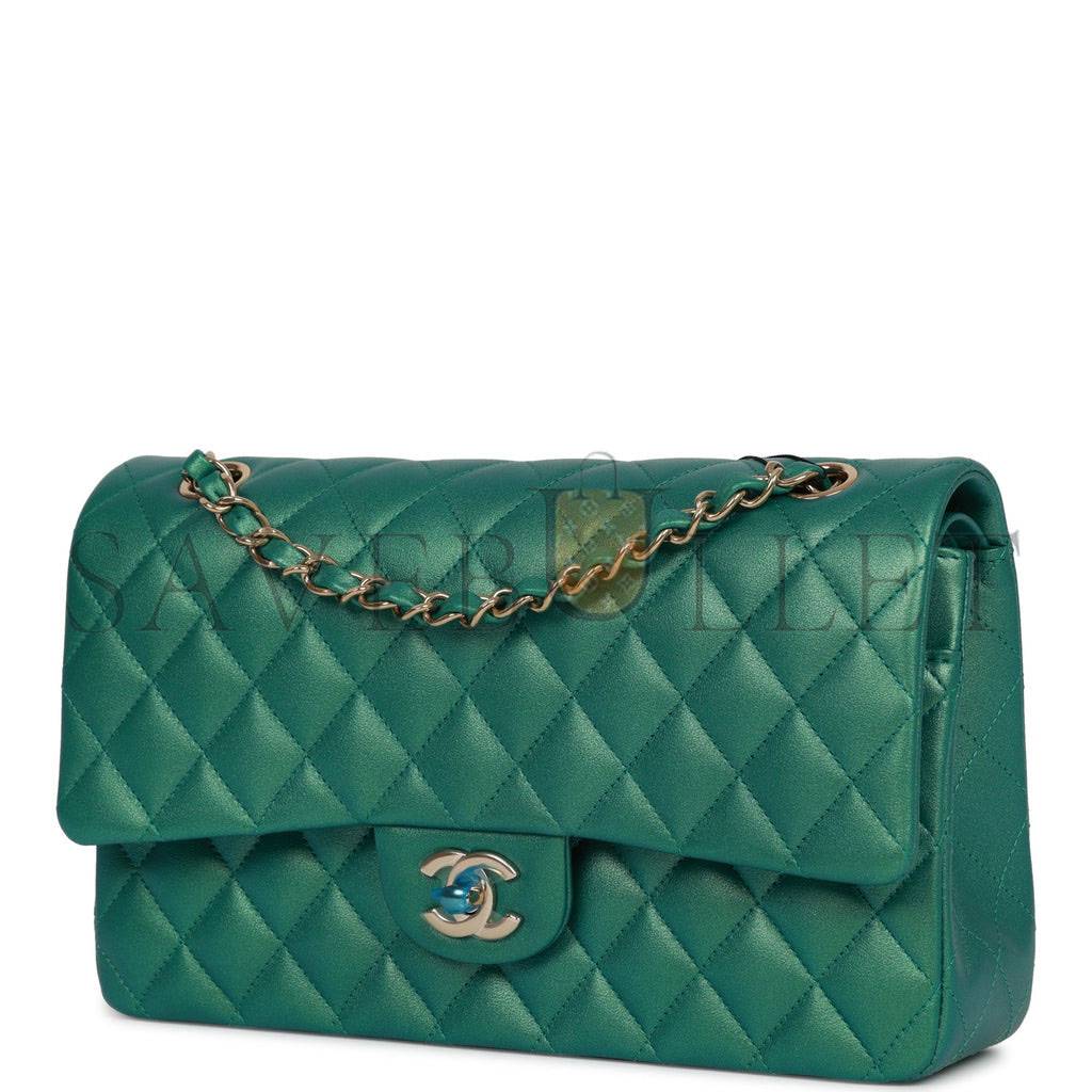 CHANEL MEDIUM CLASSIC DOUBLE FLAP BAG GREEN IRIDESCENT LAMBSKIN LIGHT GOLD HARDWARE (25*15*7cm)