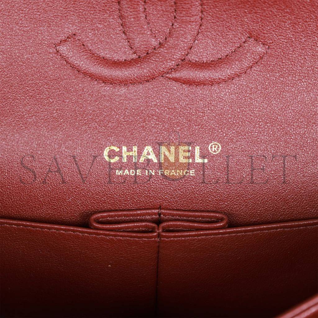 CHANEL MEDIUM CLASSIC DOUBLE FLAP BAG BURGUNDY CAVIAR ANTIQUE GOLD HARDWARE (25*15*7cm)