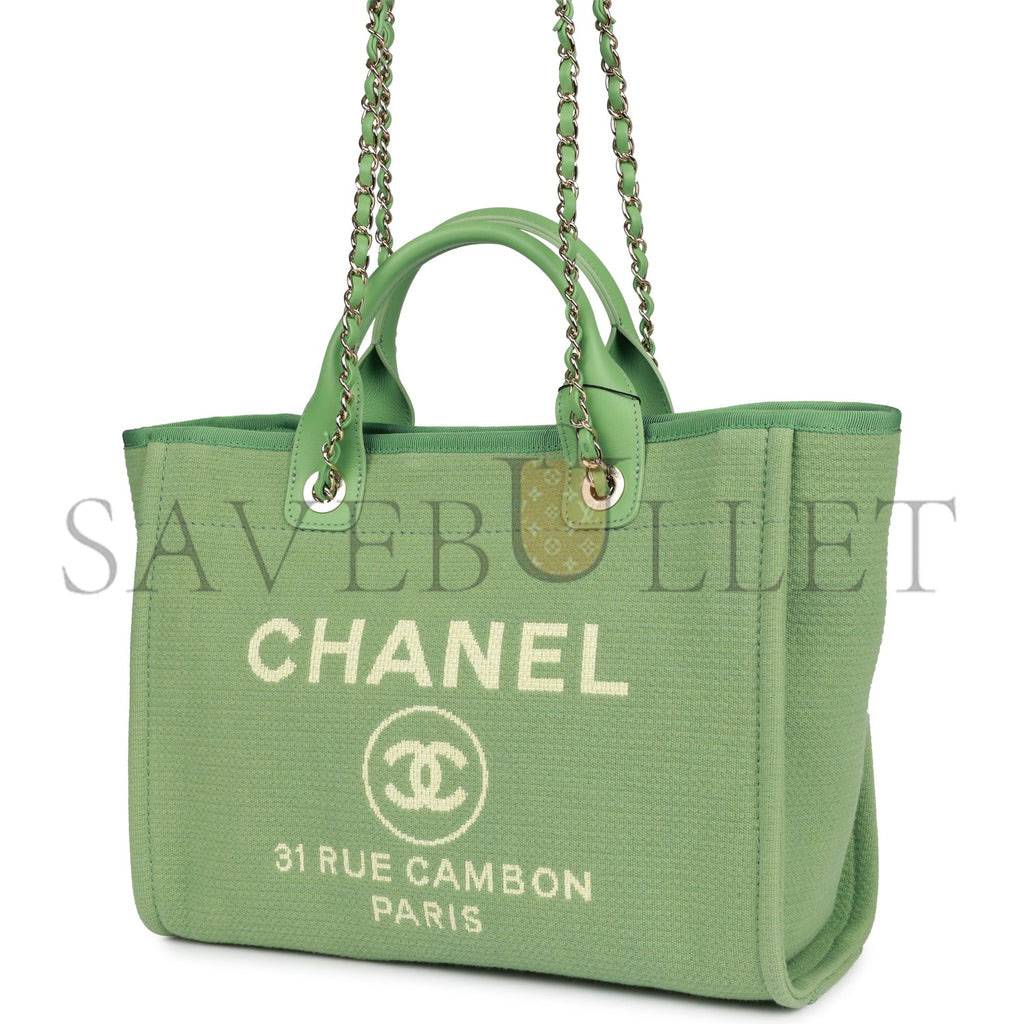 CHANEL SMALL DEAUVILLE SHOPPING BAG GREEN BOUCLE LIGHT GOLD HARDWARE (34*27*15cm)