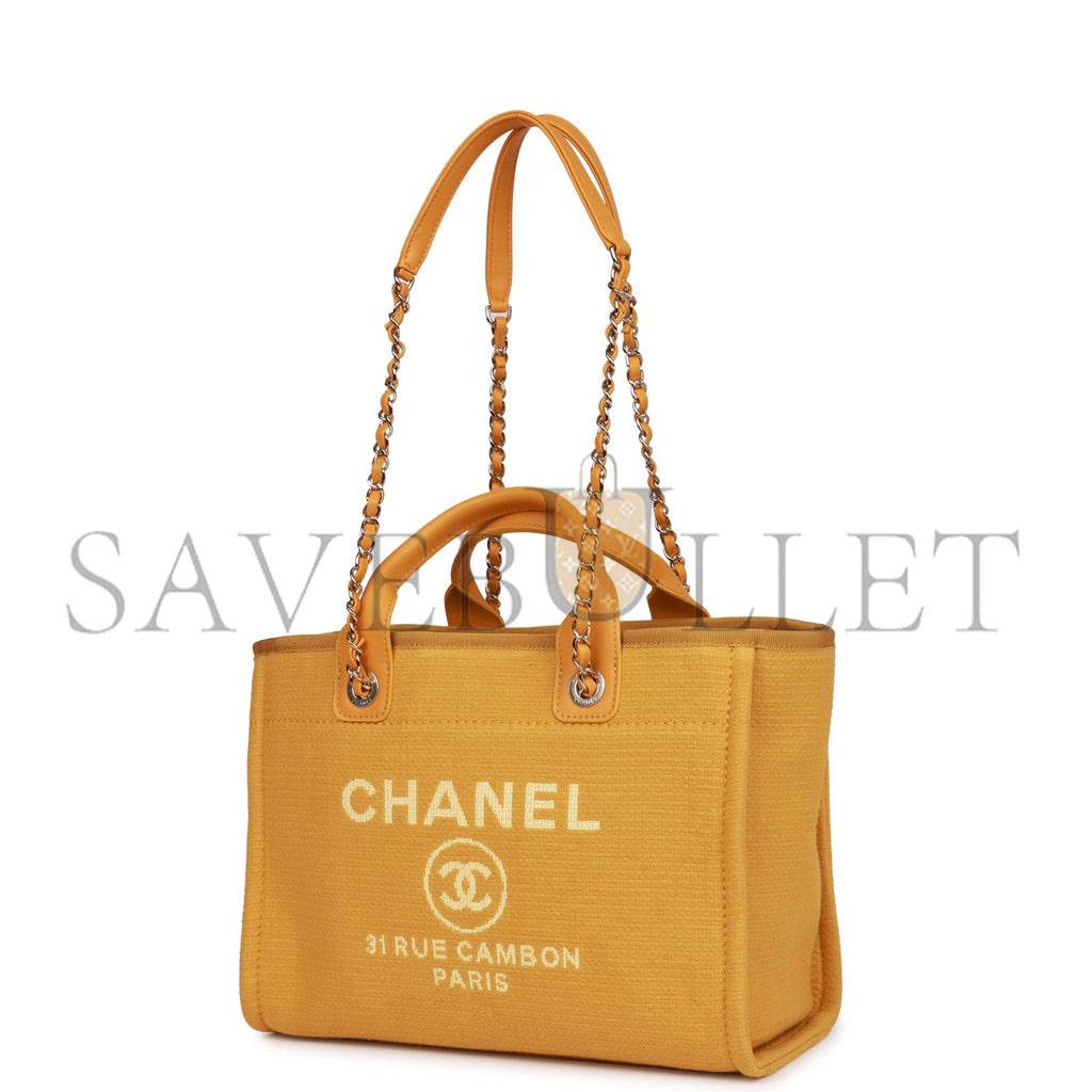 CHANEL SMALL DEAUVILLE SHOPPING BAG DARK YELLOW BOUCLE LIGHT GOLD HARDWARE (34*27*15cm)