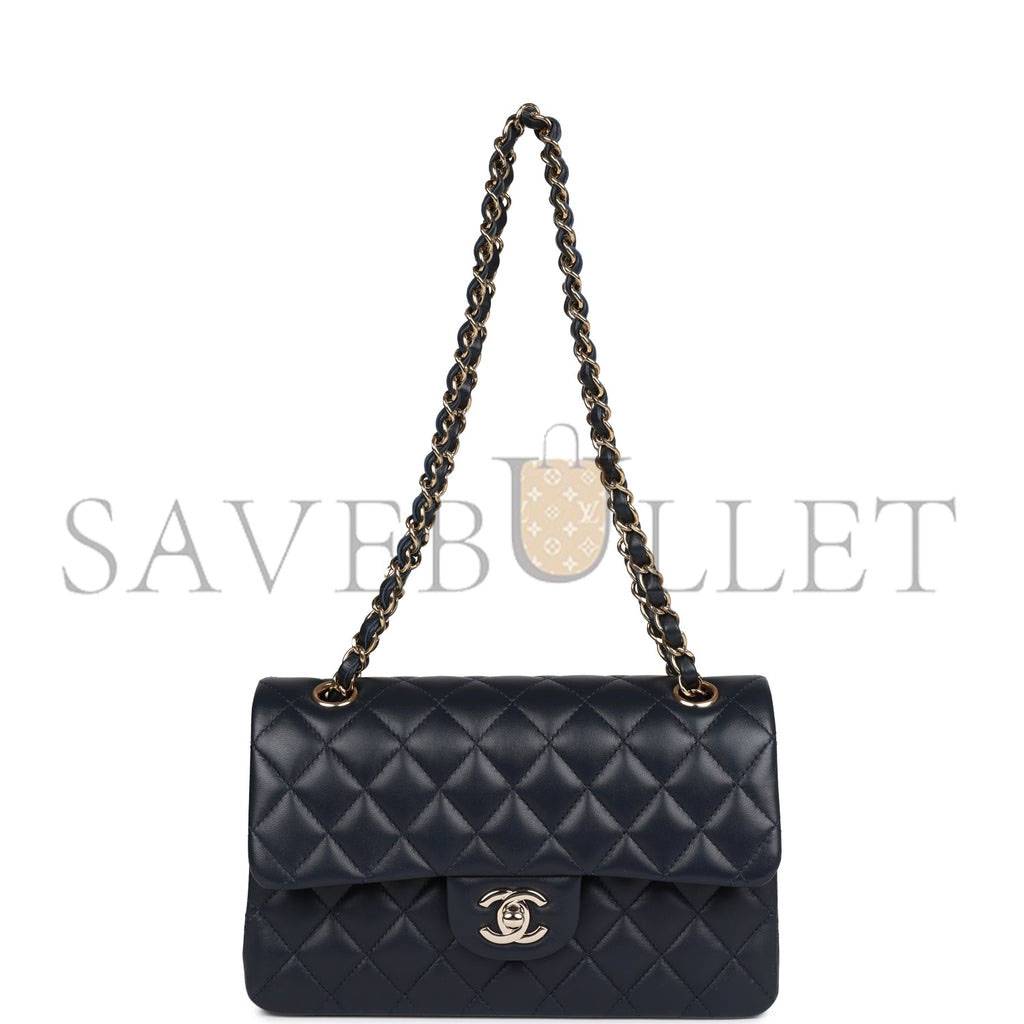 CHANEL SMALL CLASSIC DOUBLE FLAP NAVY LAMBSKIN LIGHT GOLD HARDWARE (23*13*6cm)