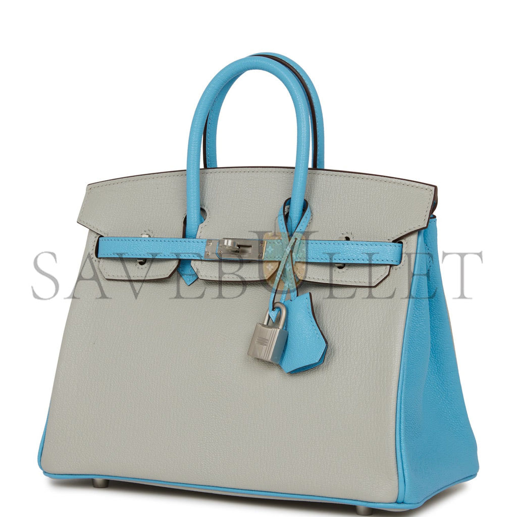 HERMES SPECIAL ORDER (HSS) BIRKIN 25 GRIS PERLE AND BLEU DU NORD CHÈVRE BRUSHED PALLADIUM HARDWARE HANDMADE (25cm)