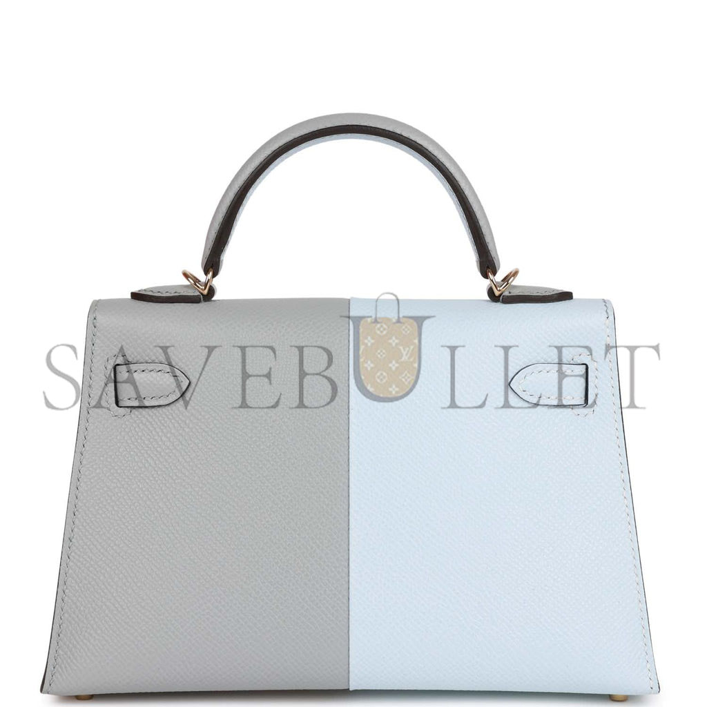 HERMES SPECIAL ORDER (HSS) KELLY MINI SELLIER 20 CASAQUE BLEU BRUME AND GRIS MEYER EPSOM PERMABRASS HARDWARE (19*12*5.5cm)