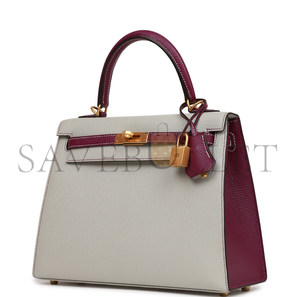 HERMES SPECIAL ORDER (HSS) KELLY SELLIER 25 GRIS PERLE AND ANEMONE CHEVRE BRUSHED GOLD HARDWARE HANDMADE(25*17*7cm)