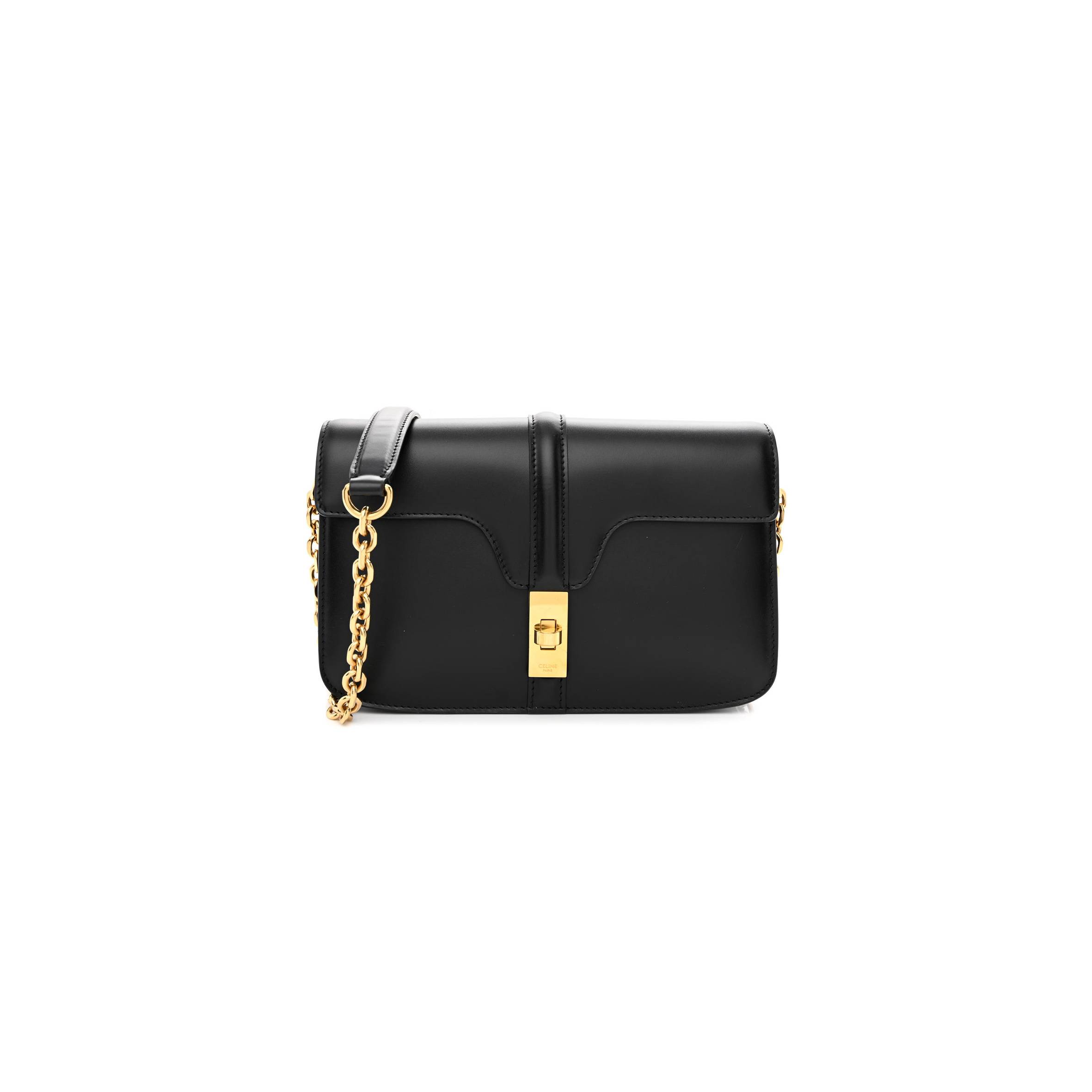 CELINE SATINATED CALFSKIN 16 CHAIN BAG BLACK (23*14*7cm)