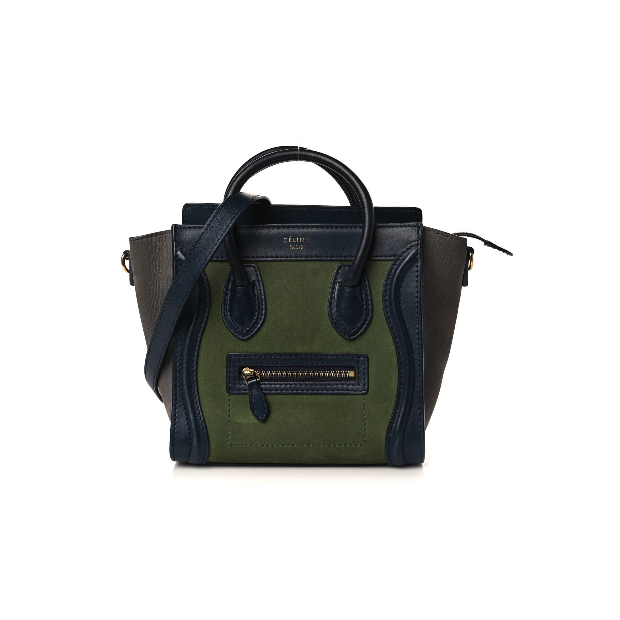 CELINE NUBUCK SMOOTH CALFSKIN NANO TRI-COLOR LUGGAGE GREEN (20*19*10cm)